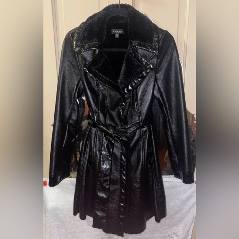 Y2K BEBE corset back faux leather and fur coat. XS